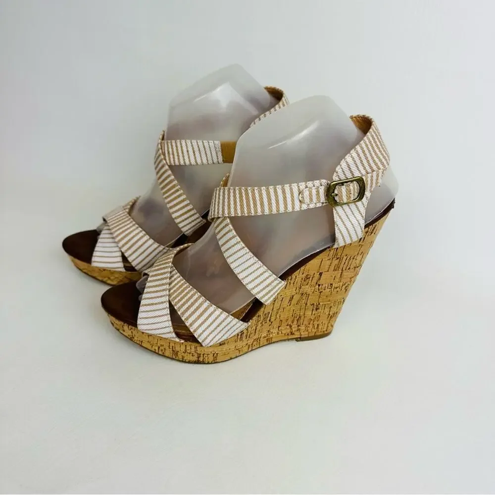 Chinese Laundry Women's Striped Strappy Wedge Sandals Cream Tan‎ Shoes Size 8.5